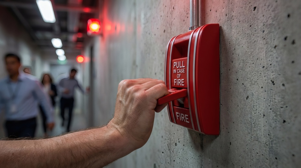 A person's hand pulls a red fire alarm, triggering an emergency alert. The scene conveys workplace