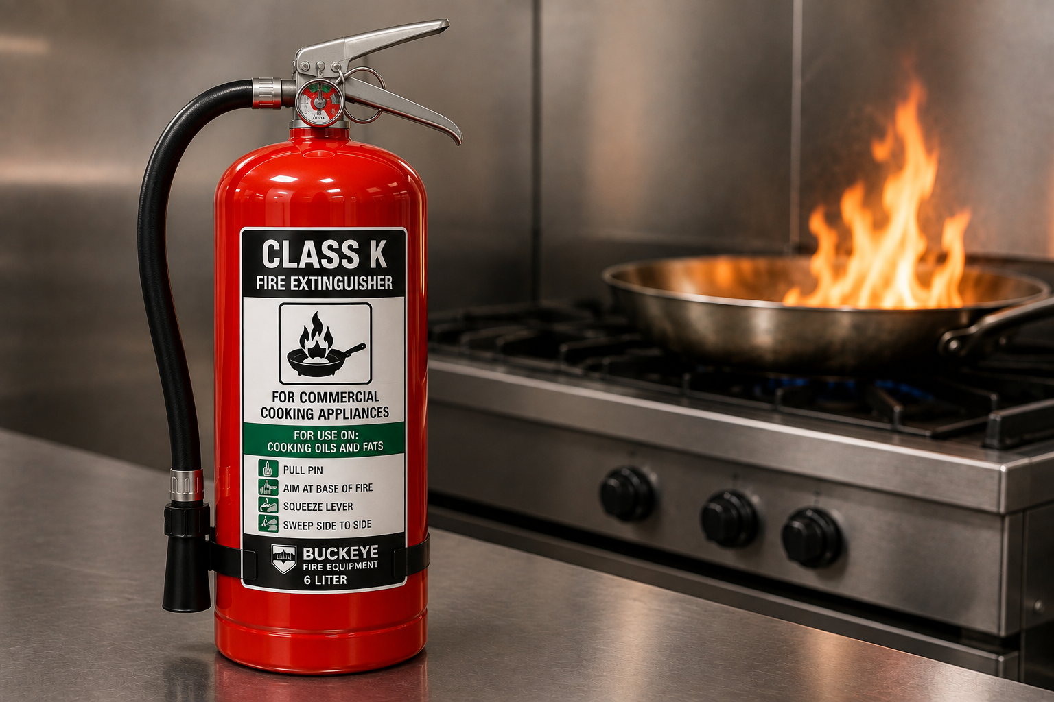 Class K fire extinguisher on a stainless-steel counter in a commercial kitchen with a flaming pan in the background.